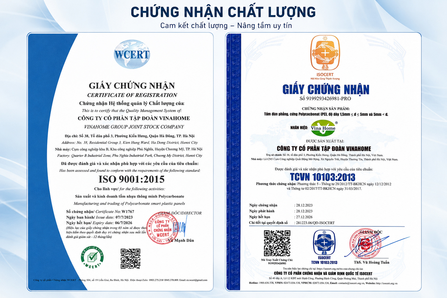 Sản phẩm Polycarbonate của Vinahome
