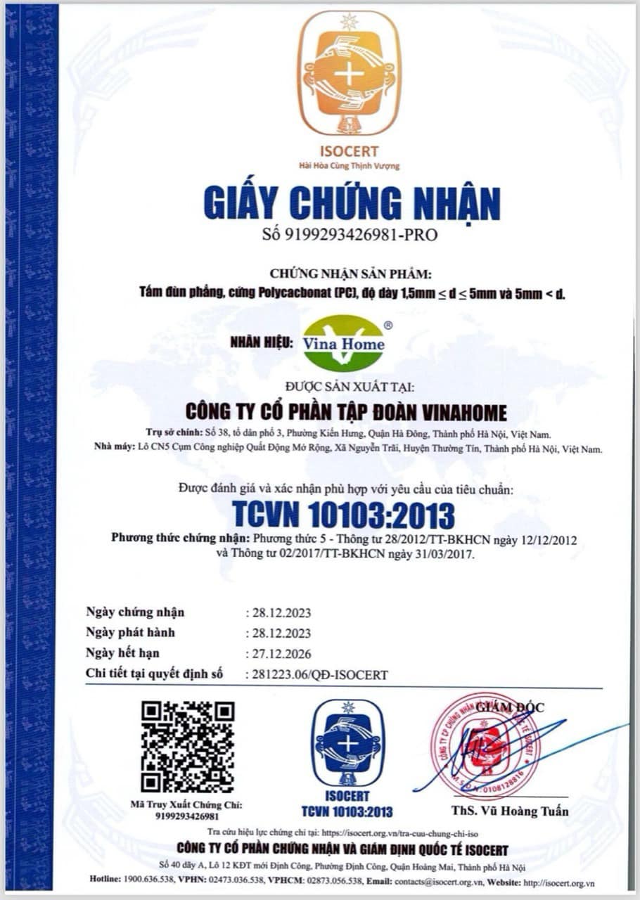Chứng nhận chất lượng tấm nhựa Poly