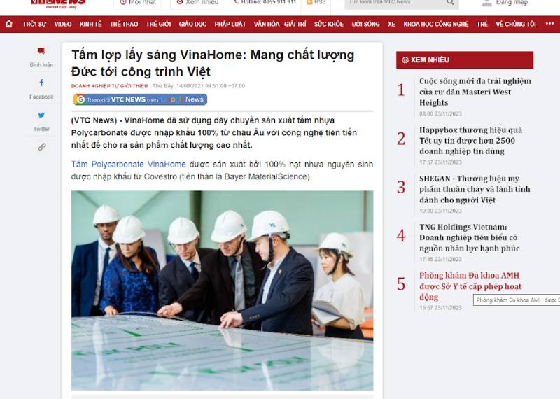 BÁO VTC NEW: Tấm lợp lấy sáng VinaHome mang chất lượng Đức về công trình Việt